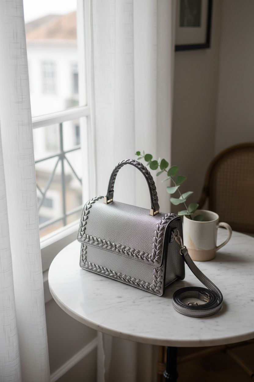 JEN & CO. pewter crossbody bag in a calm morning nook with eucalyptus