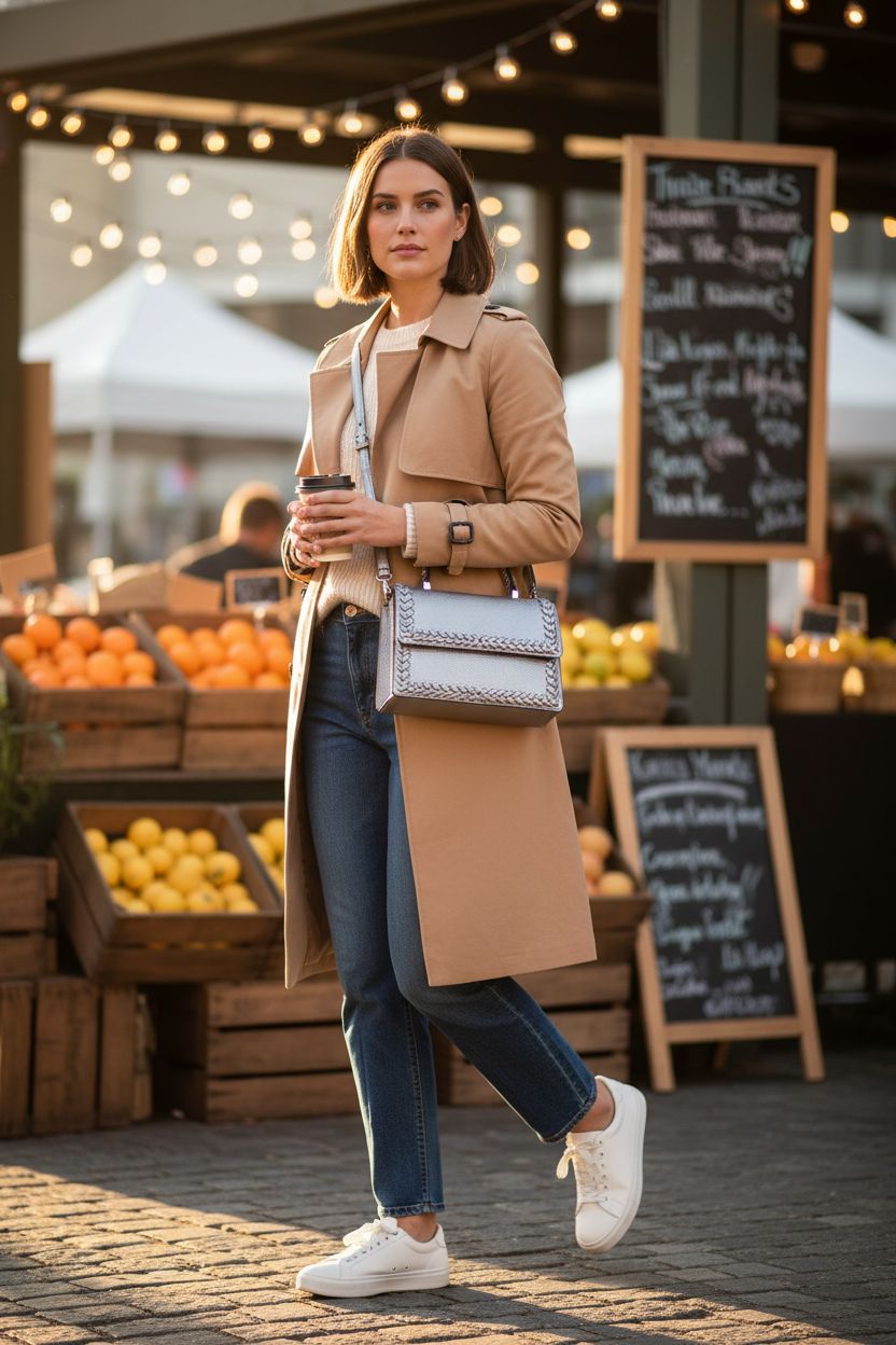 JEN & CO. pewter vegan leather crossbody bag worn at farmers' market with coffee