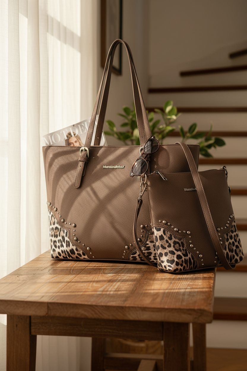 Bright entryway featuring Montana West tote and wallet set on reclaimed wood console, stylish display.