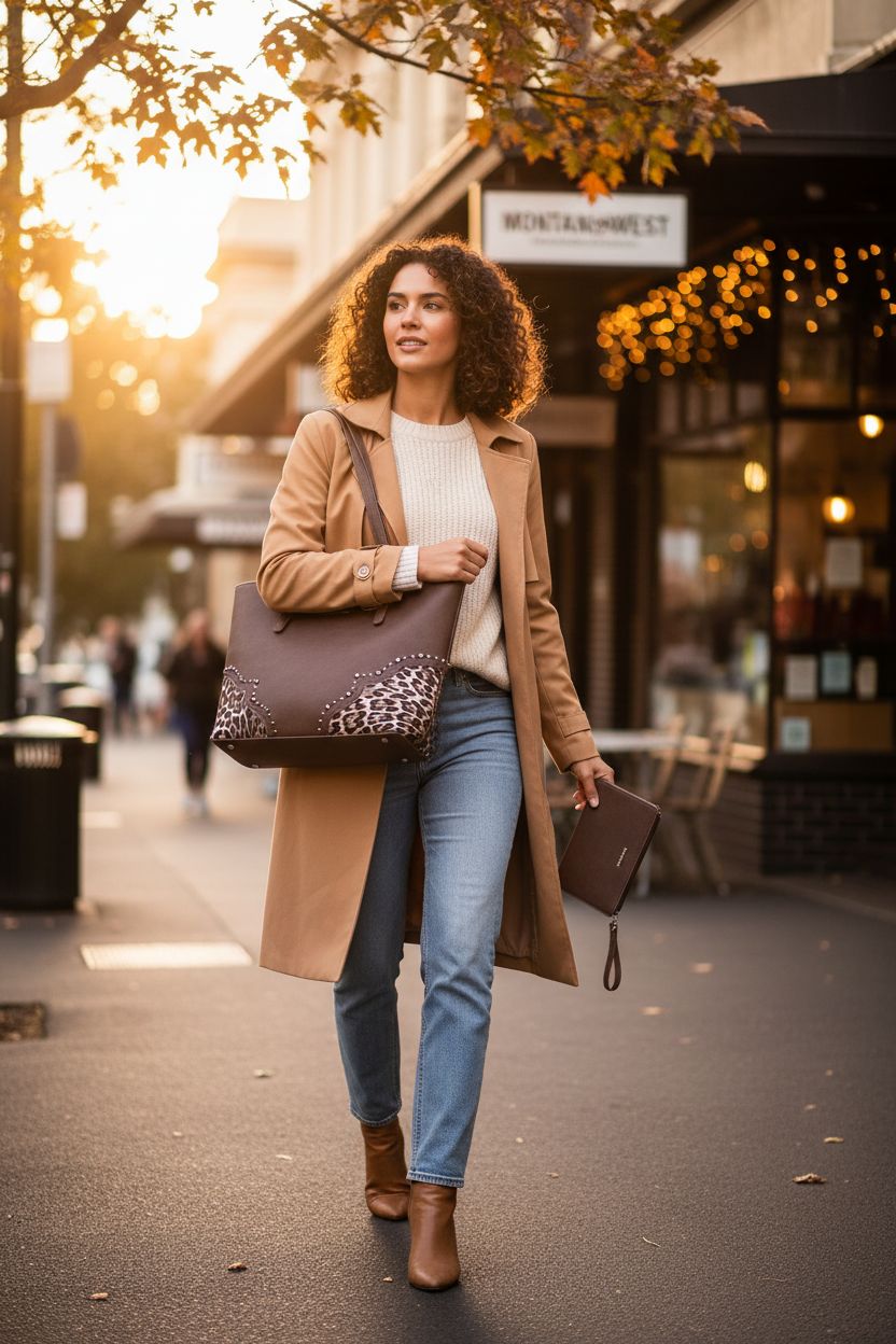 Montana West camel trench coat and leopard print purse set worn casually on a city sidewalk.