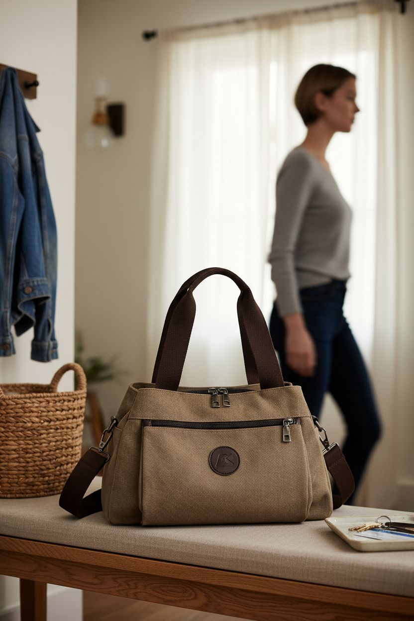 DOURR tote purse resting on an oak bench, showcasing grab-and-go convenience.