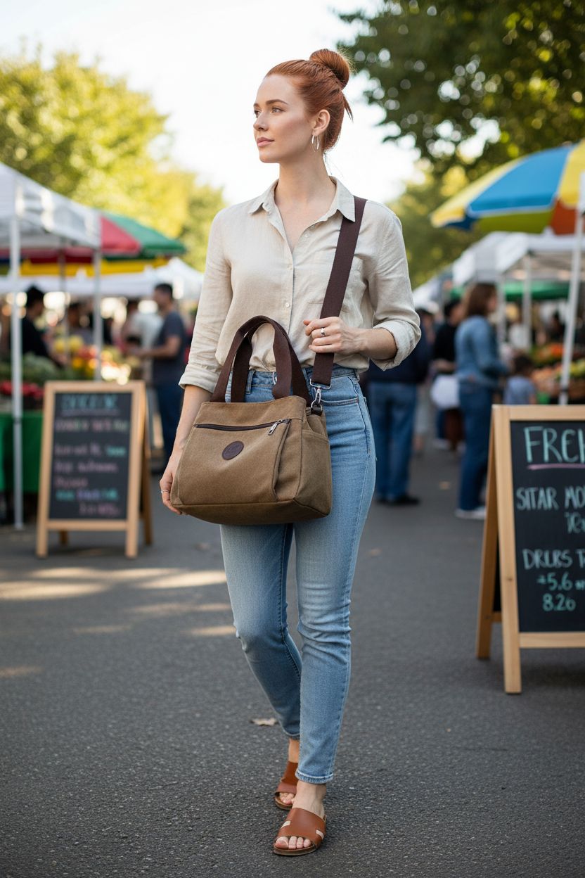 DOURR canvas crossbody bag at a farmers' market, perfect for weekend outings.
