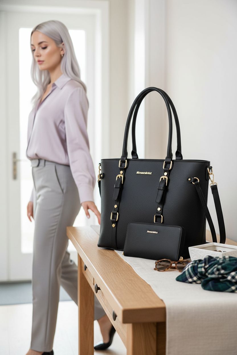 Montana West black tote and wallet on a stylish oak console, perfect for grab-and-go convenience.