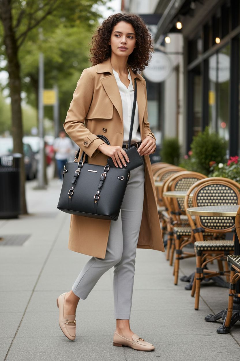 Montana West black PU tote and satchel set, stylishly displayed outdoors, perfect for casual outings.