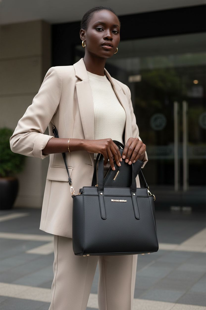 Montana West medium black handbag and matching wallet, showcasing elegant hardware and texture in a chic setting.