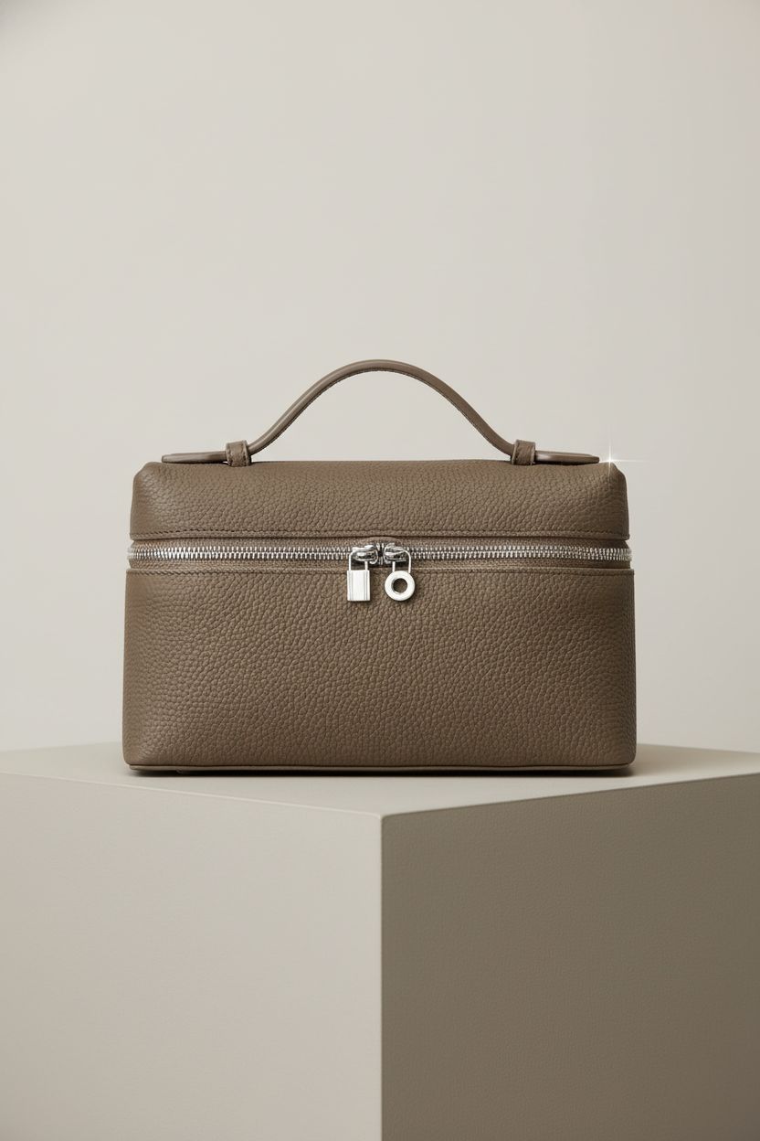 Rejolly elephant grey handbag showcased on a pedestal, highlighting its grained leather and elegant design.