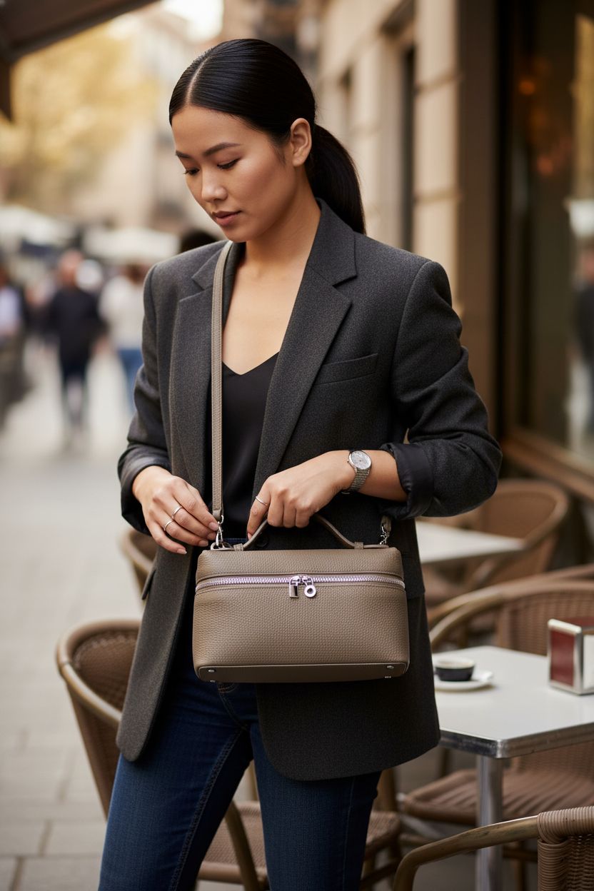 Rejolly crossbody bag transitioning to top-handle, ideal for chic coffee outings in soft grey leather.