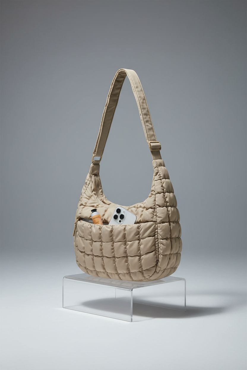 BAGSMART quilted hobo bag displayed on an acrylic block, focusing on its elegant design and quality.