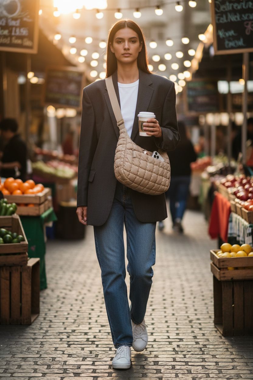 BAGSMART quilted crossbody bag in latte-brown, perfectly paired with casual chic outfits.