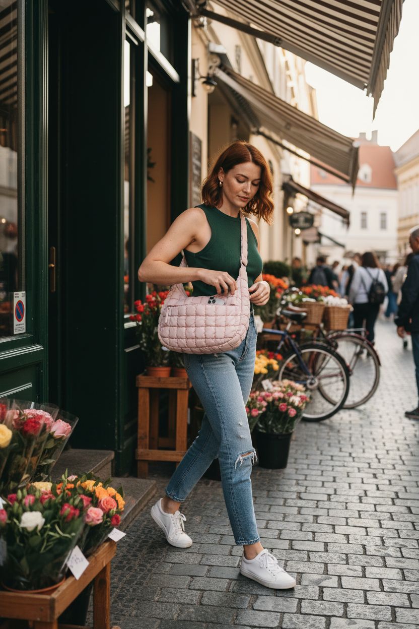 BAGSMART quilted crossbody bag in soft blush, styled with casual outfit at a flower market