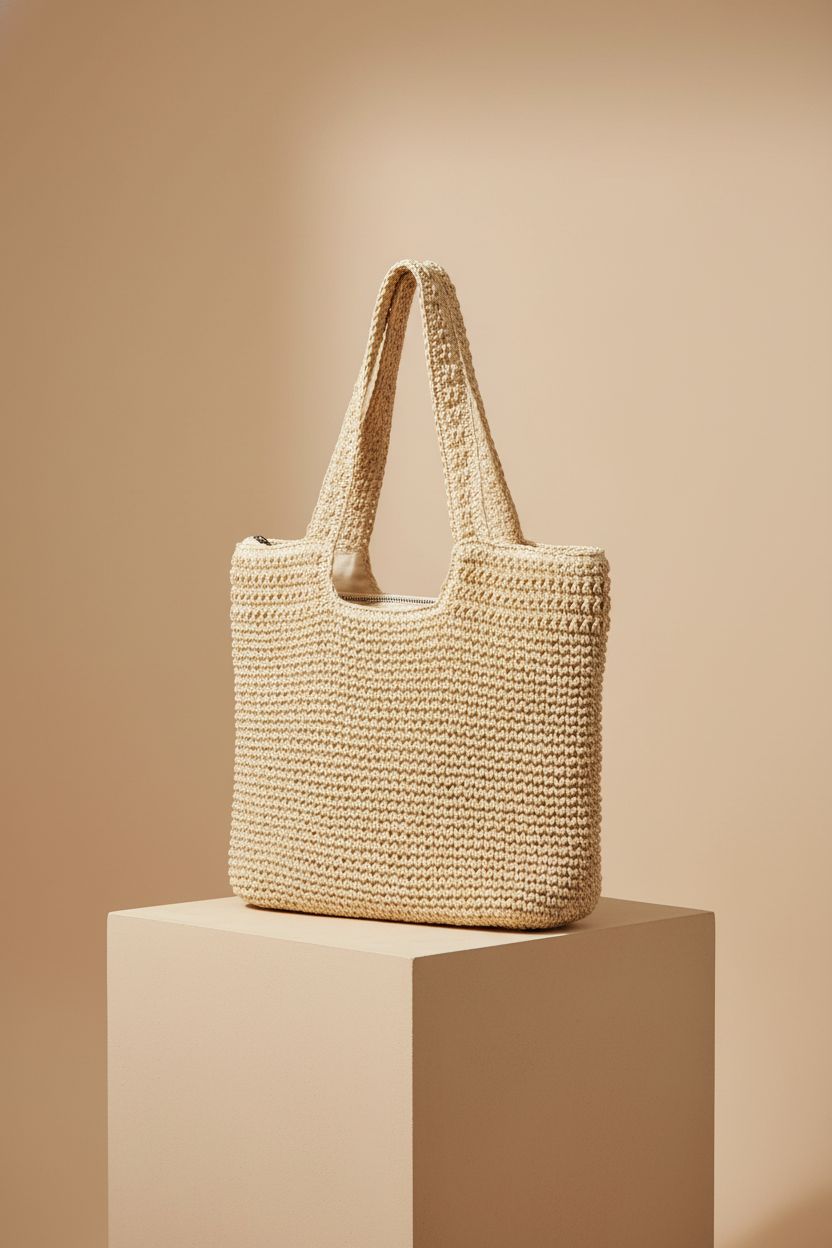 Product shot of GOLDTIMO raffia tote bag showcasing its texture and design, perfect for summer style.