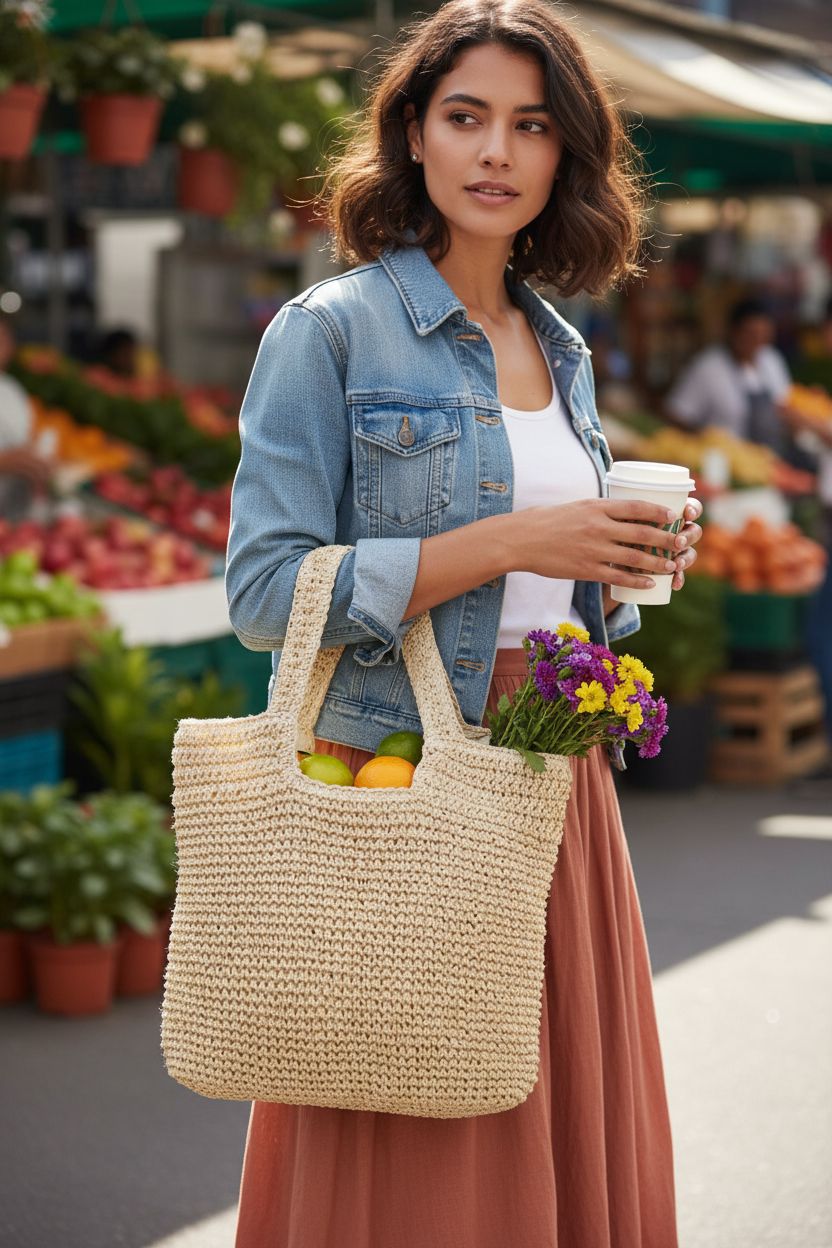 Beige GOLDTIMO raffia tote bag at a vibrant farmer's market, ideal for carrying flowers and coffee.