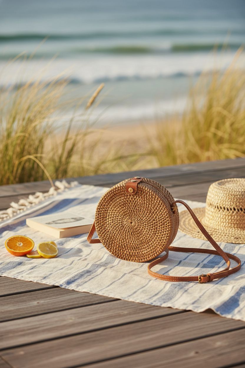 Relaxing beach picnic with fengyi round rattan bag, capturing a serene summer vibe.