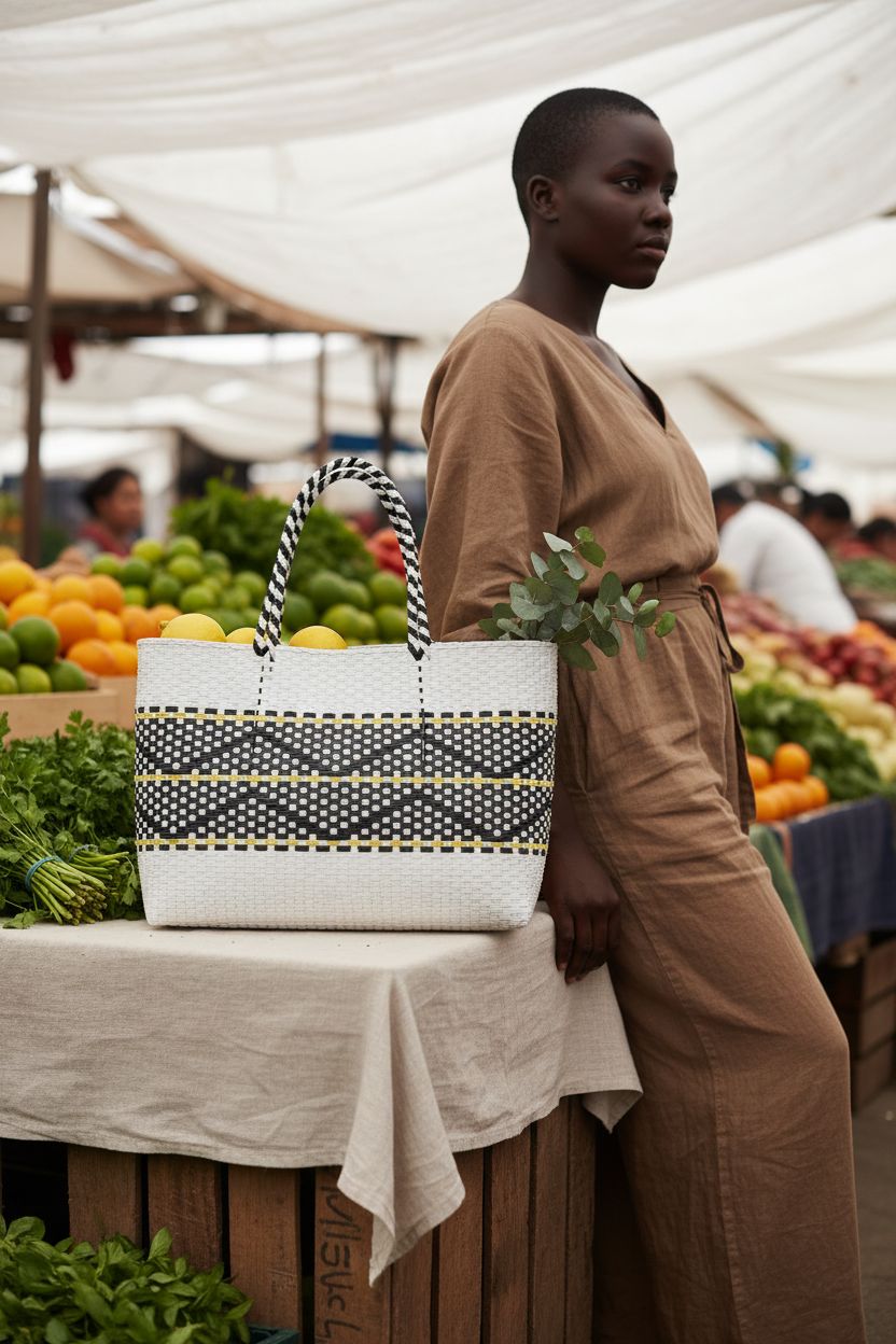 YY GEWETAO tote bag at farmers' market, emphasizing sustainable shopping vibes