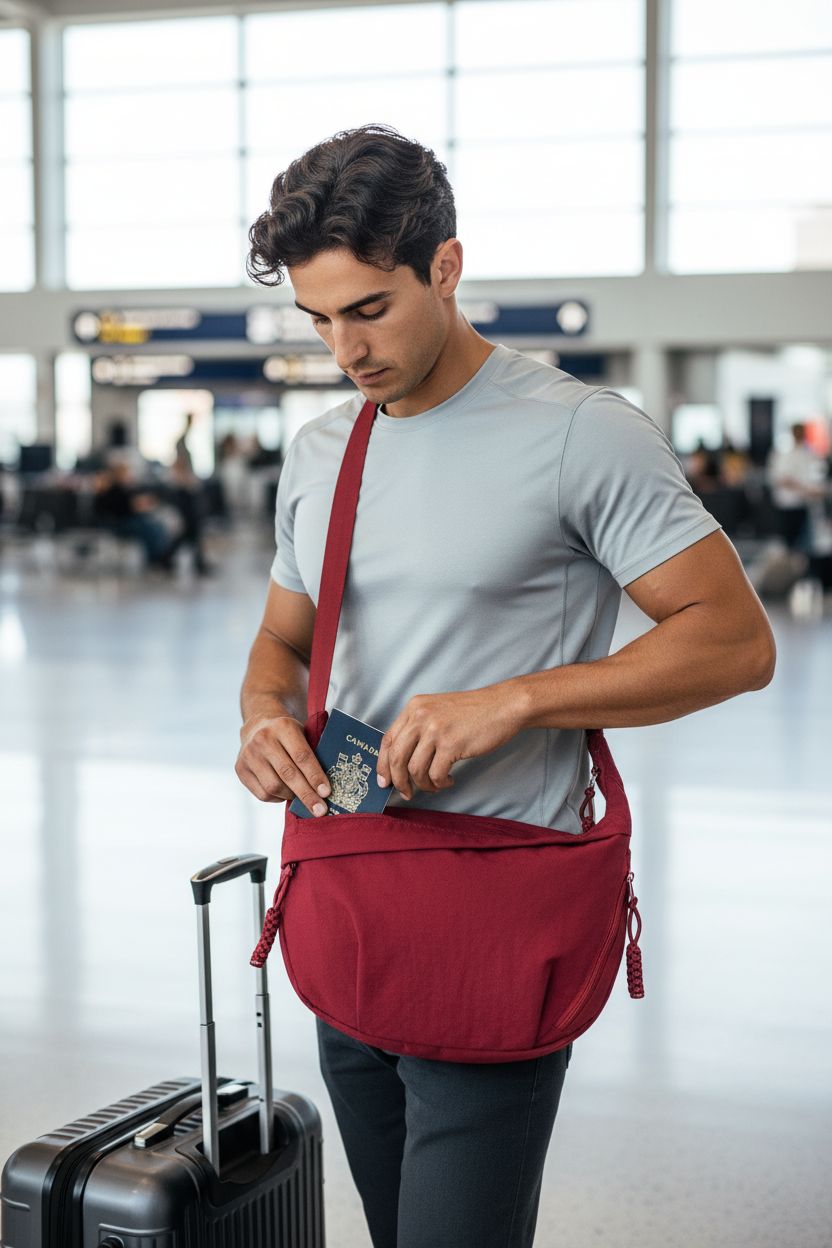 Red nylon crescent crossbody bag by KOTORA on a traveler at the airport, showcasing style and functionality.