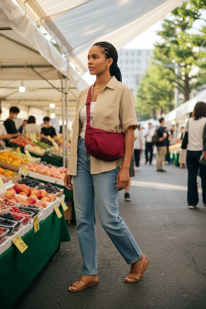 KOTORA red nylon crossbody bag at a vibrant farmers' market, highlighting its casual style and versatility.