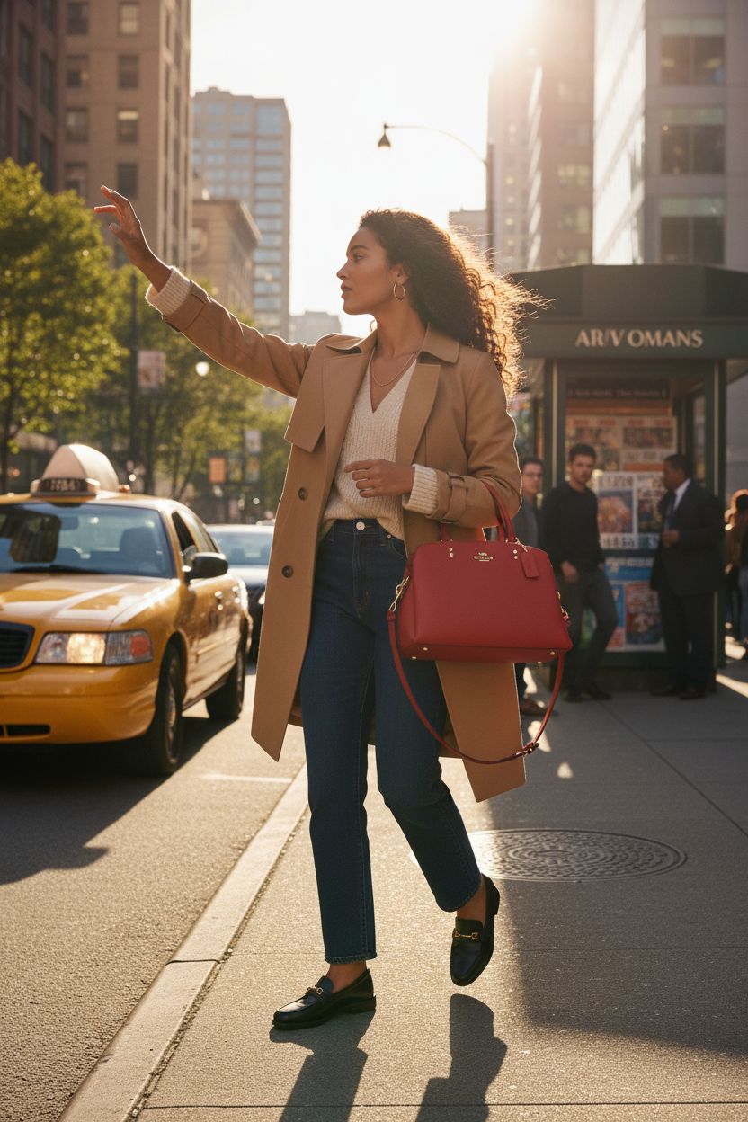 Red Coach Lillie Carryall bag showcased during a stylish morning commute.