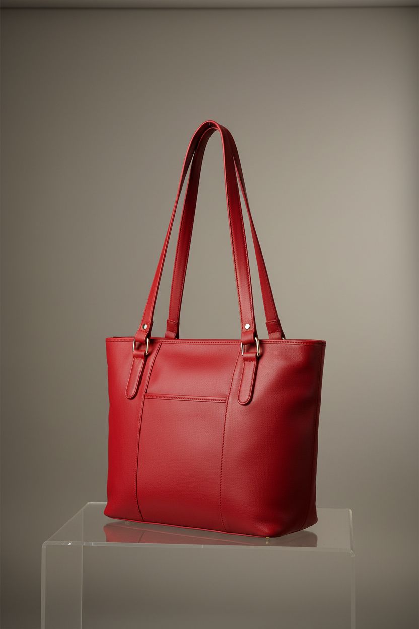 Product showcase of a red leather tote by Oak Leathers with fine craftsmanship.