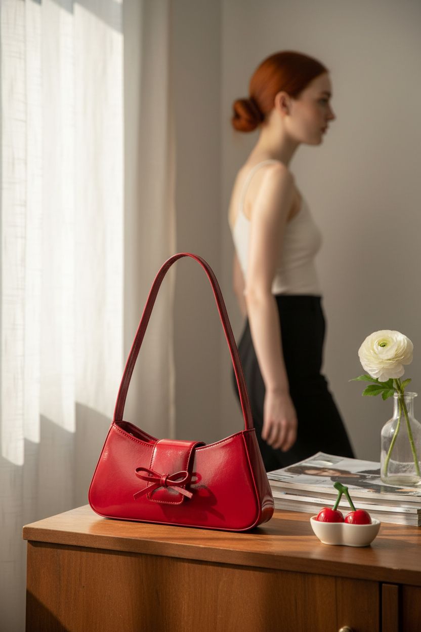Amszke red purse elegantly placed in a sunlit apartment nook with decor