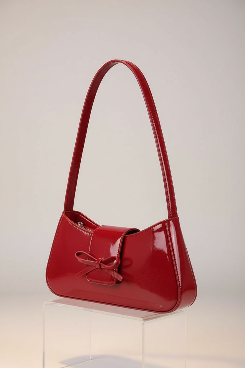Close-up of Amszke red purse showing bow details on a minimal studio backdrop