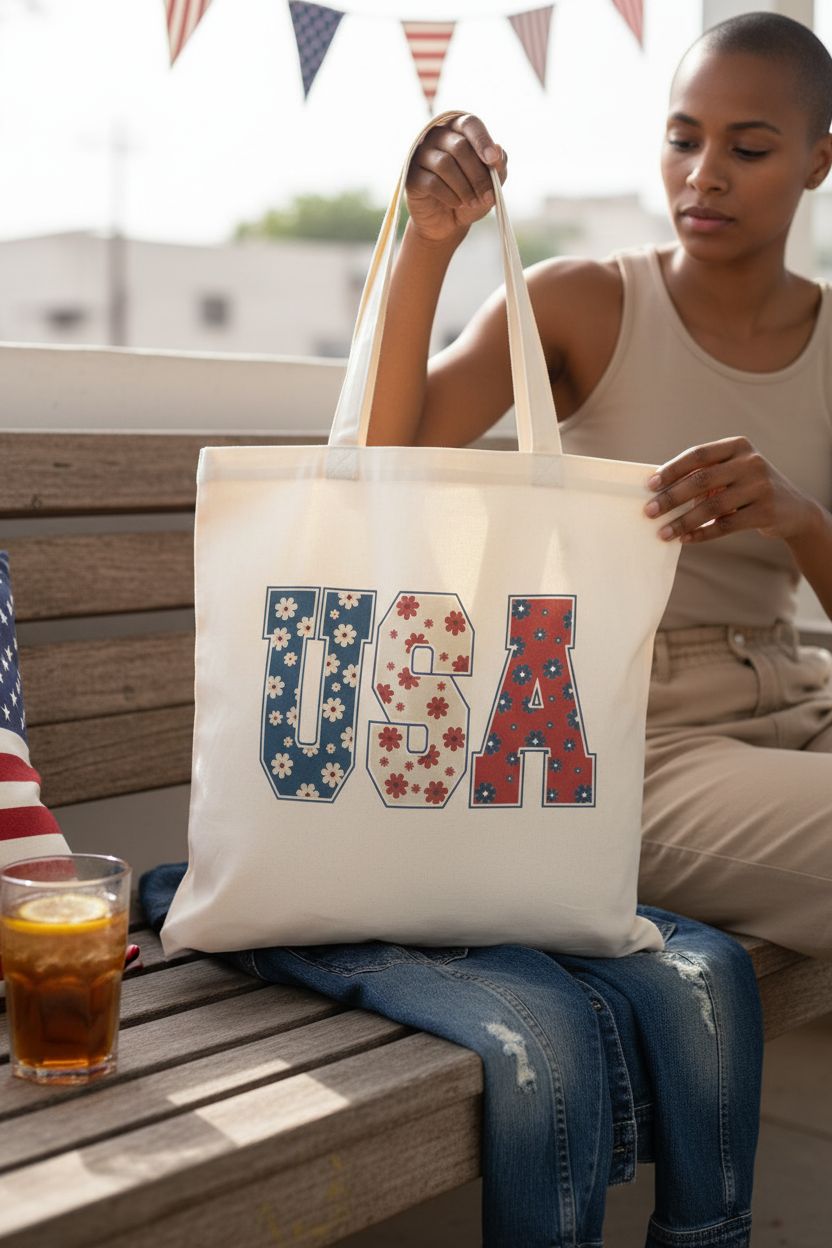 Yetmadi Retro Floral USA Tote Bag on a porch with iced tea and a patriotic pillow