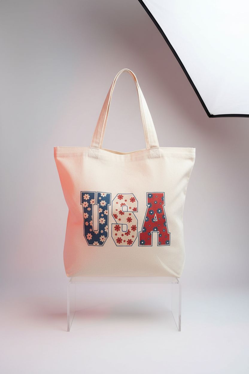 Yetmadi Retro Floral USA Tote Bag showcasing canvas texture on a seamless studio background