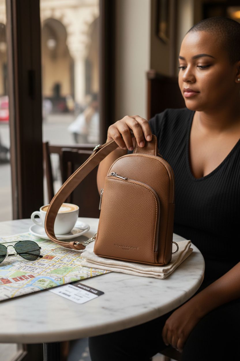 INICAT RFID crossbody bag set on a marble table in a cozy café, suggesting leisurely travel.