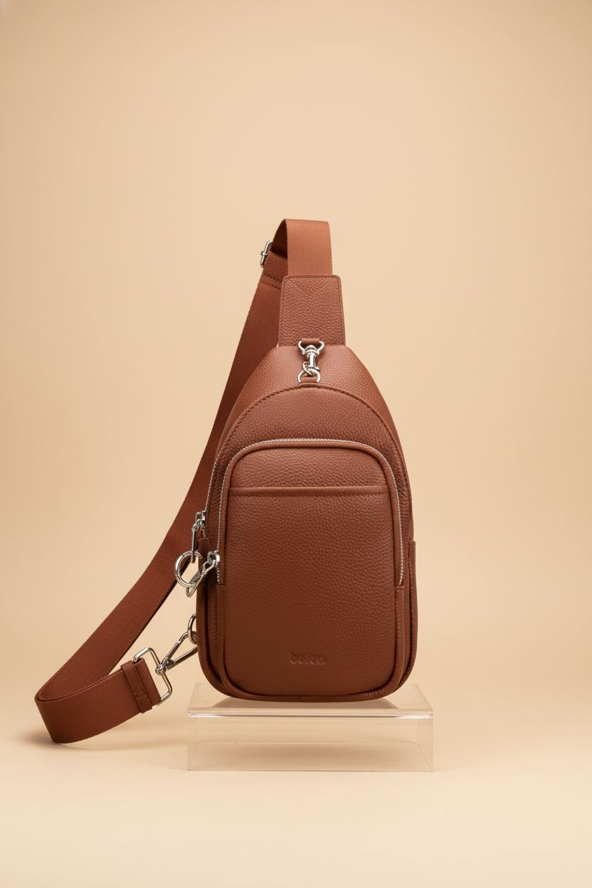 Befen cognac leather RFID purse showcasing its durable design and adjustable strap in a studio setting.