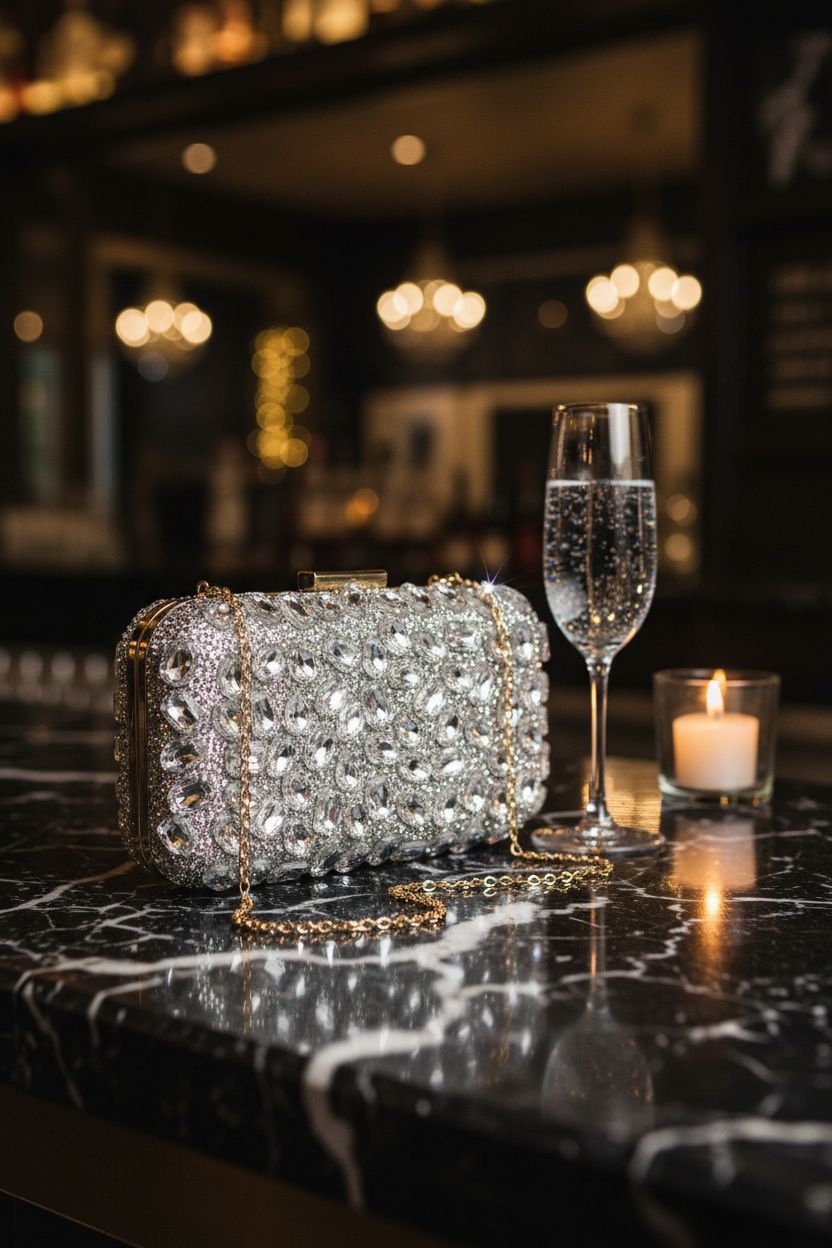 Milisente rhinestone clutch on marble bar, ideal for cocktail parties