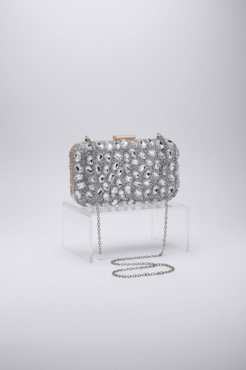 Milisente silver gemstone clutch purse, showcasing exquisite beadwork and design