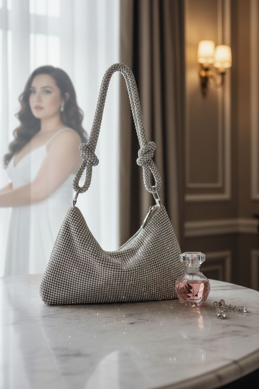 QLBO rhinestone purse elegantly placed on a marble vanity