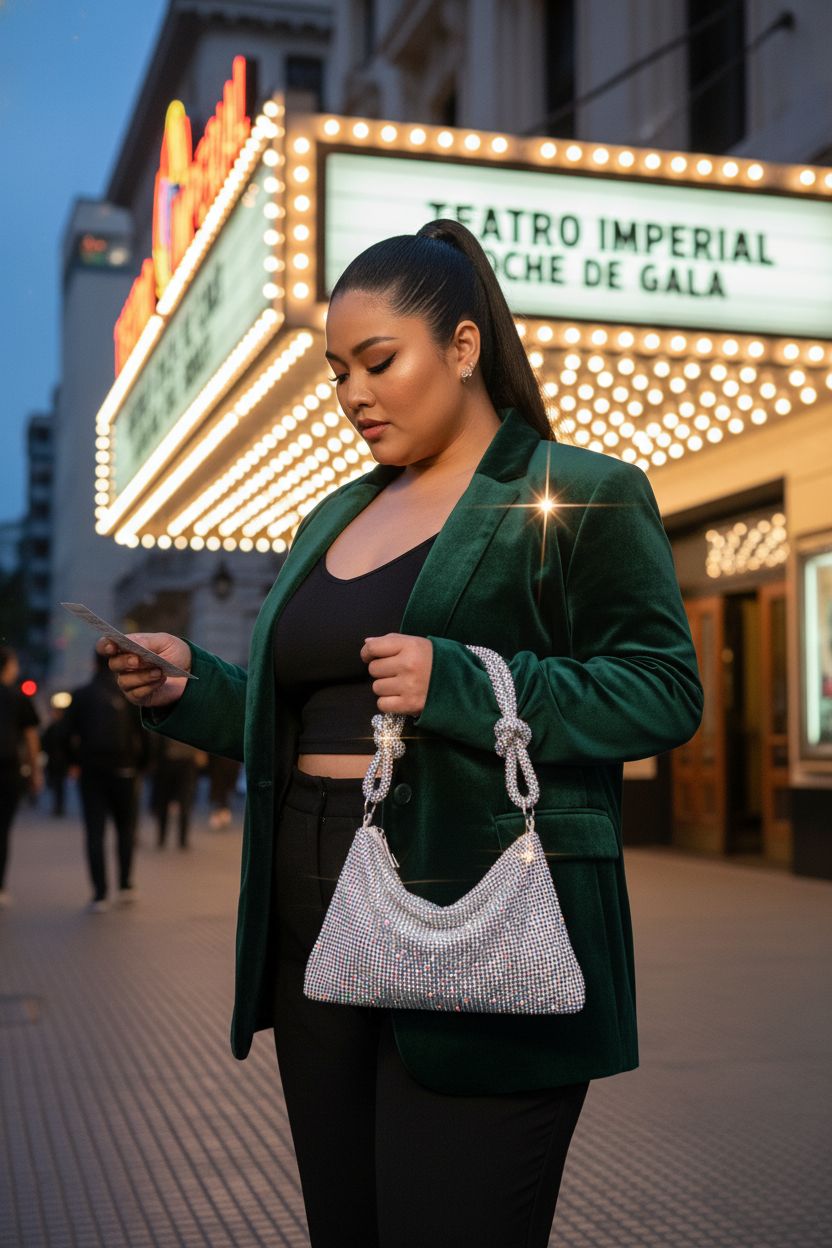 QLBO silver rhinestone purse with knotted strap under vintage marquee lights