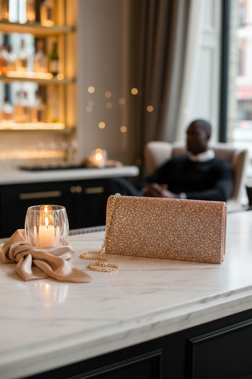 Larcenciel rose gold clutch displayed on a marble bar counter with ambiance.