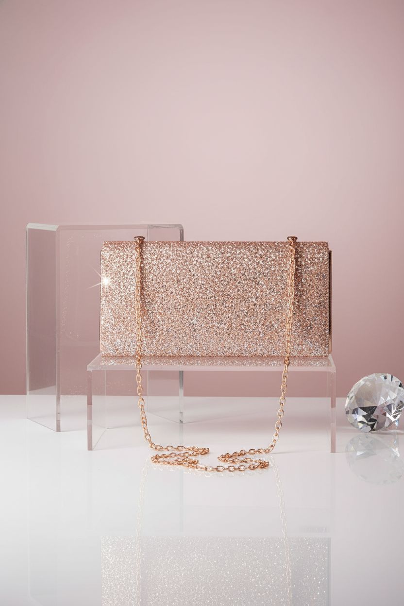 Larcenciel rose gold clutch showcasing rhinestone details against a soft backdrop.