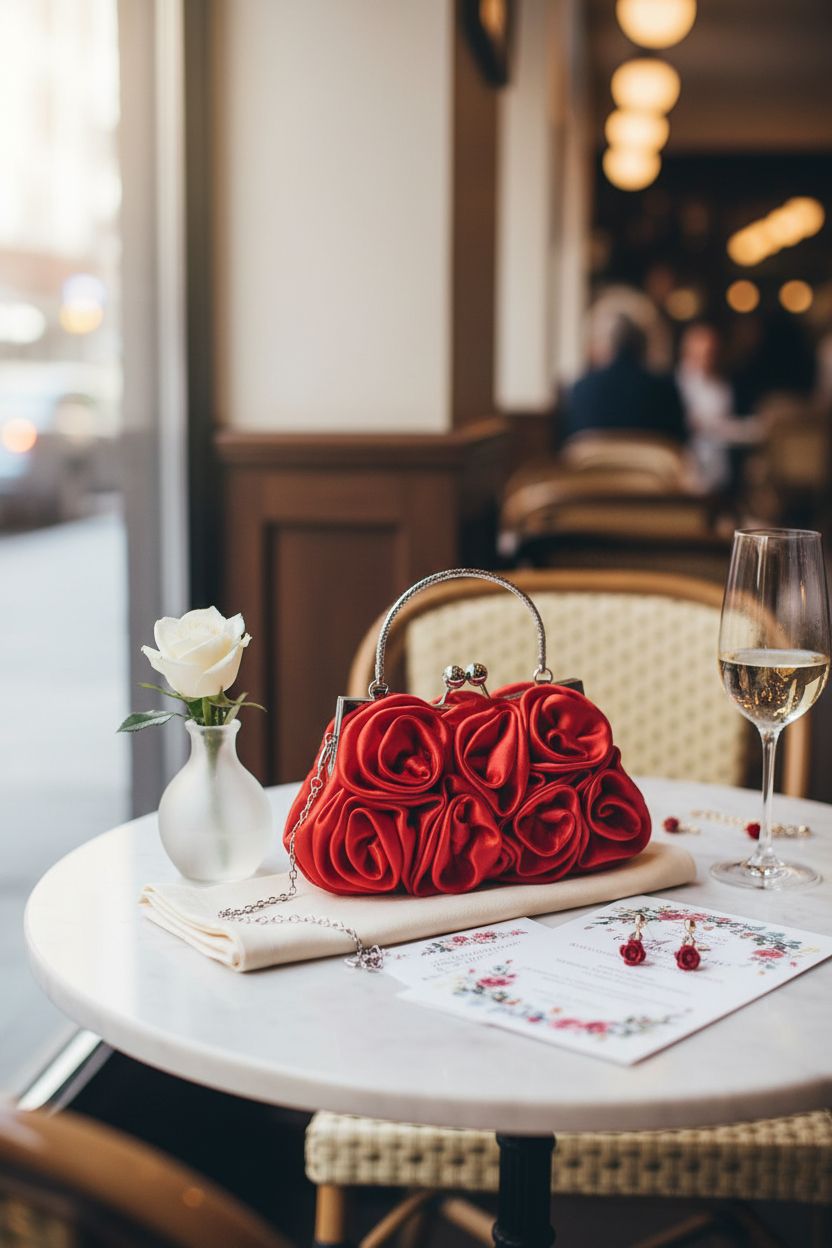Hicarer red rose clutch purse elegantly displayed on a marble café table