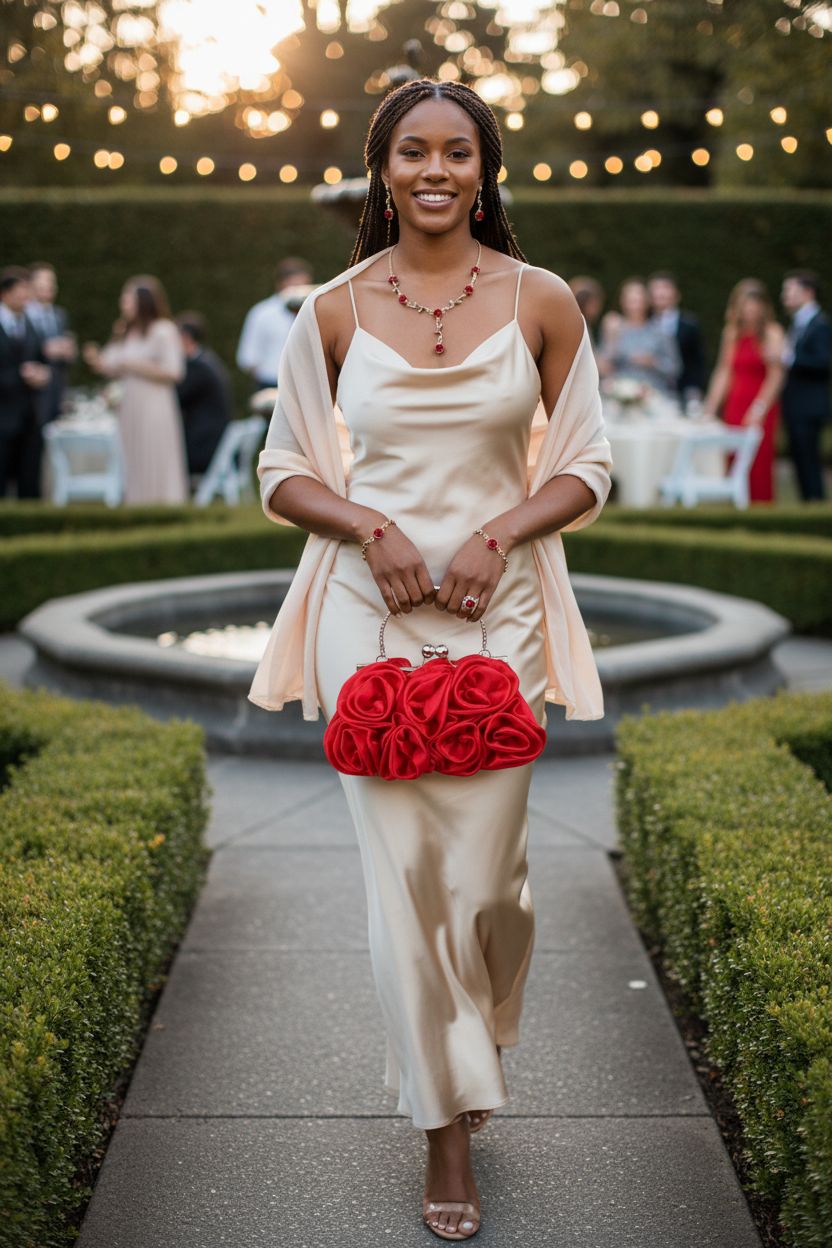 Hicarer rose clutch purse showcased at a romantic garden wedding setting