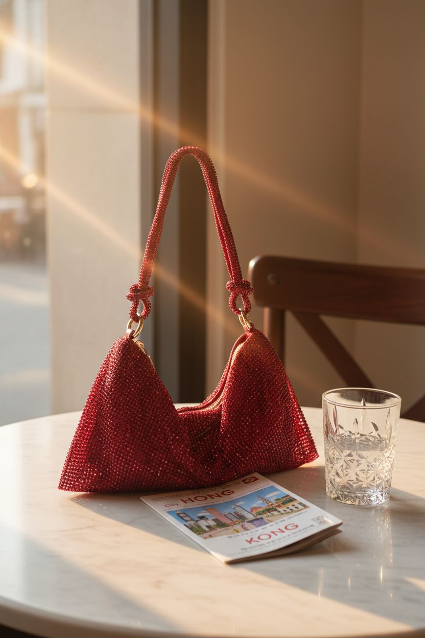 Ruby red hobo purse by iSamzan on a marble table in a serene café atmosphere.