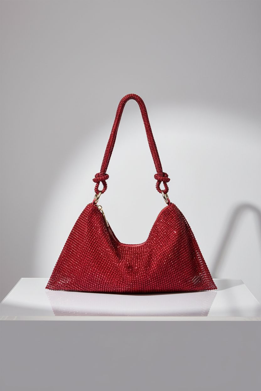 Stylish ruby rhinestone hobo purse by iSamzan showcased on a sleek display.
