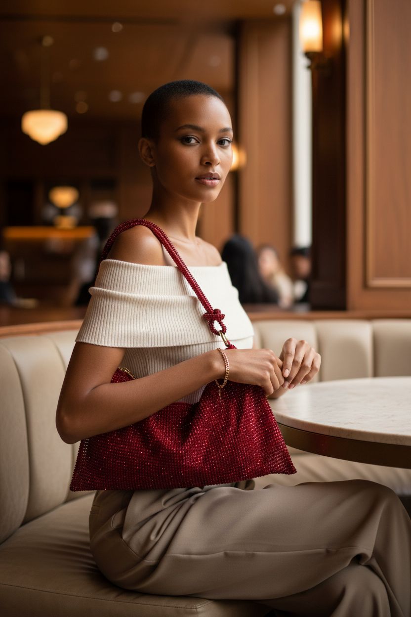 Elegant ruby hobo purse by iSamzan resting on shoulder in a cocktail lounge setting.
