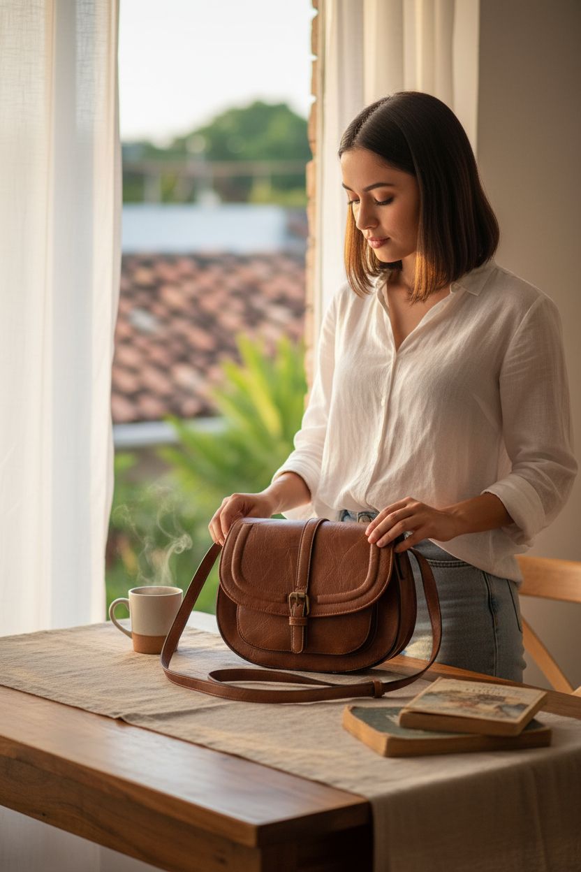 Cozy setting with AFKOMST saddle purse on an oak table, emphasizing its vegan leather texture