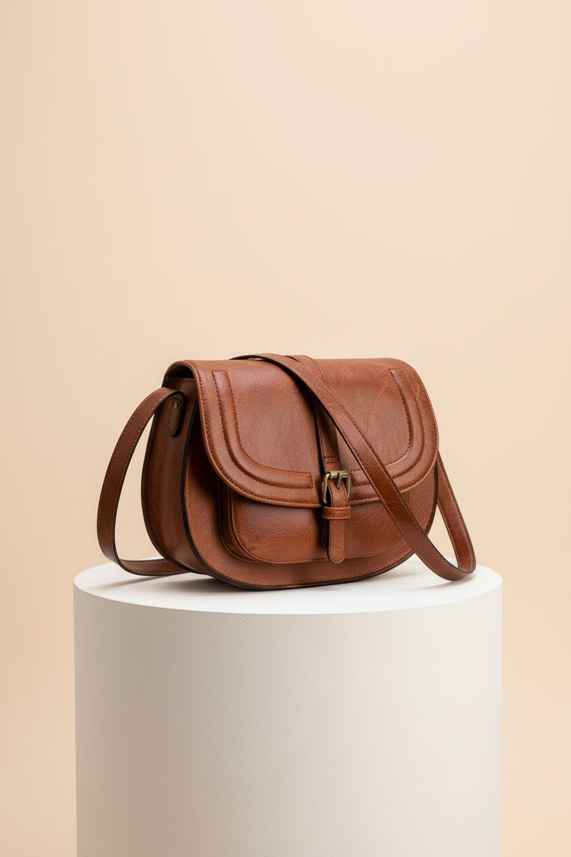 AFKOMST structured saddle purse showcasing its design and bronze-tone hardware on a light backdrop