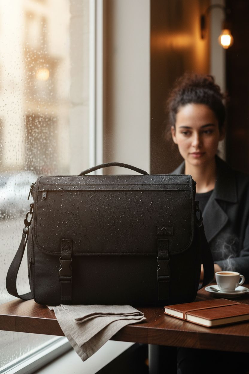 MATEIN Satchel Bag resting on café table, highlighting its water-resistant material