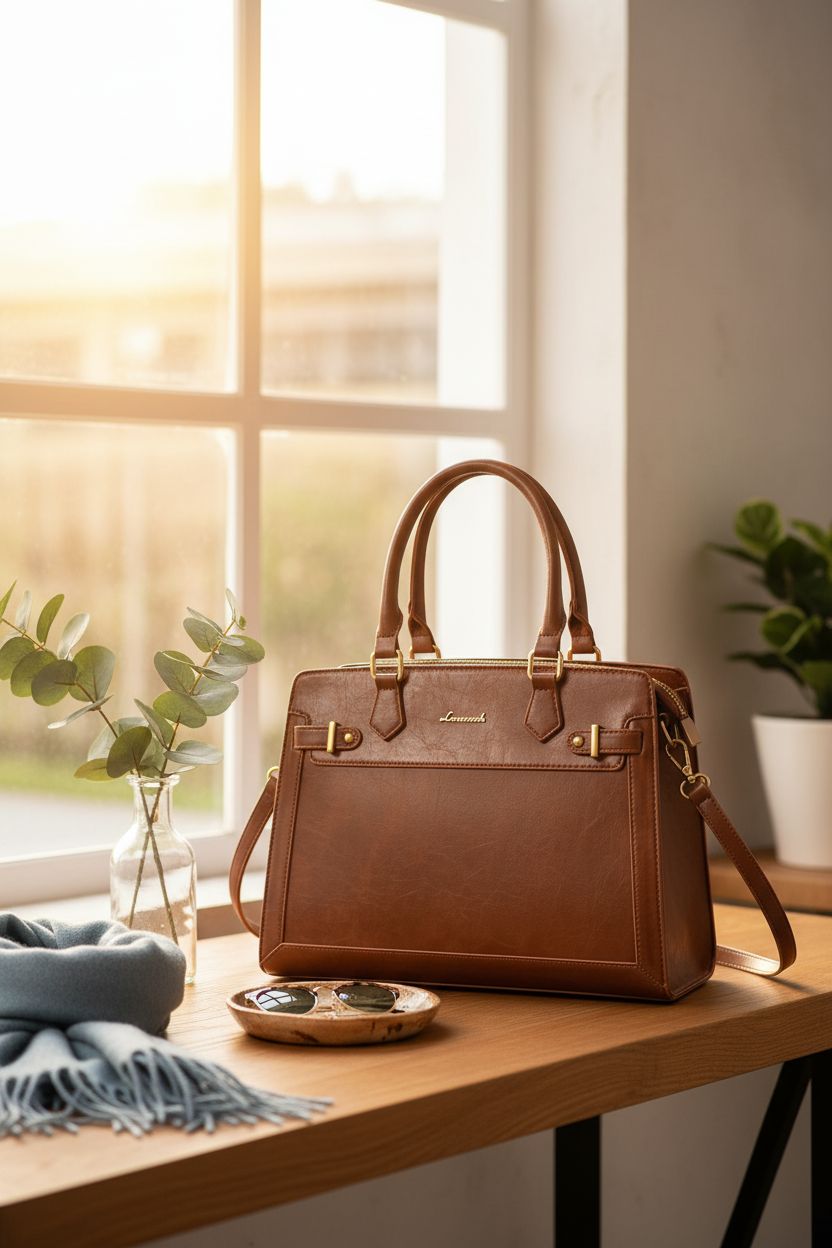 LOVEVOOK brown satchel purse on a cozy console, enhancing a warm entryway atmosphere