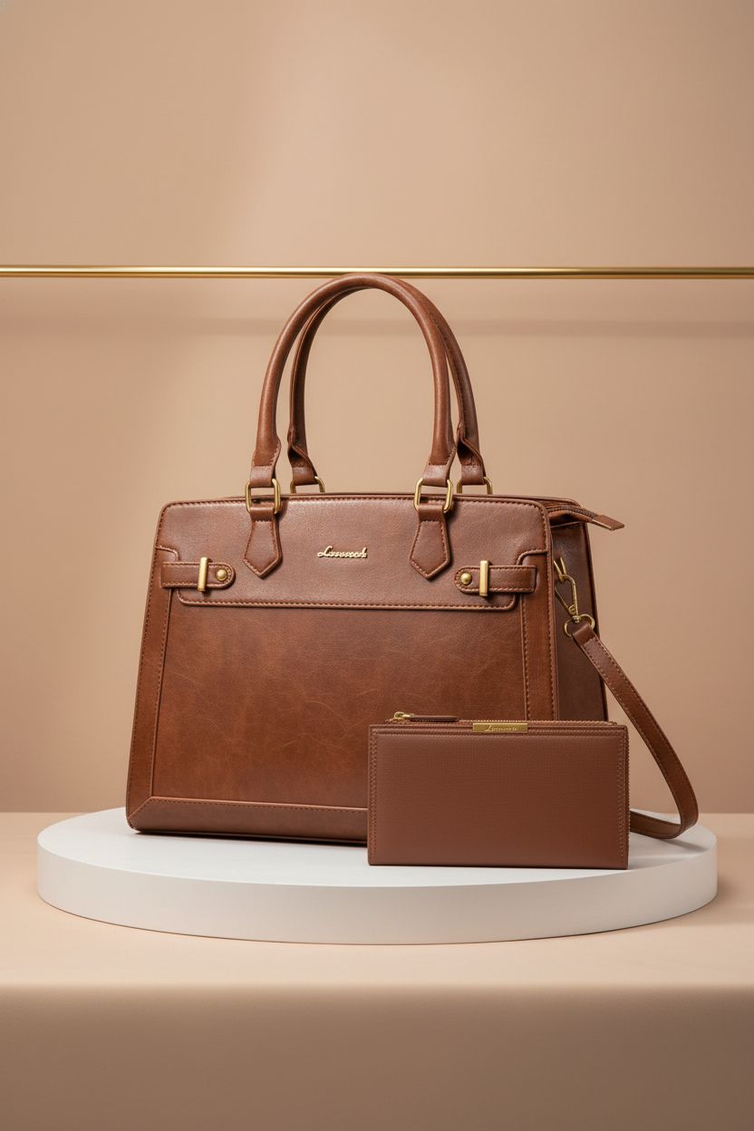 LOVEVOOK satchel purse displayed on a pedestal against a warm beige background