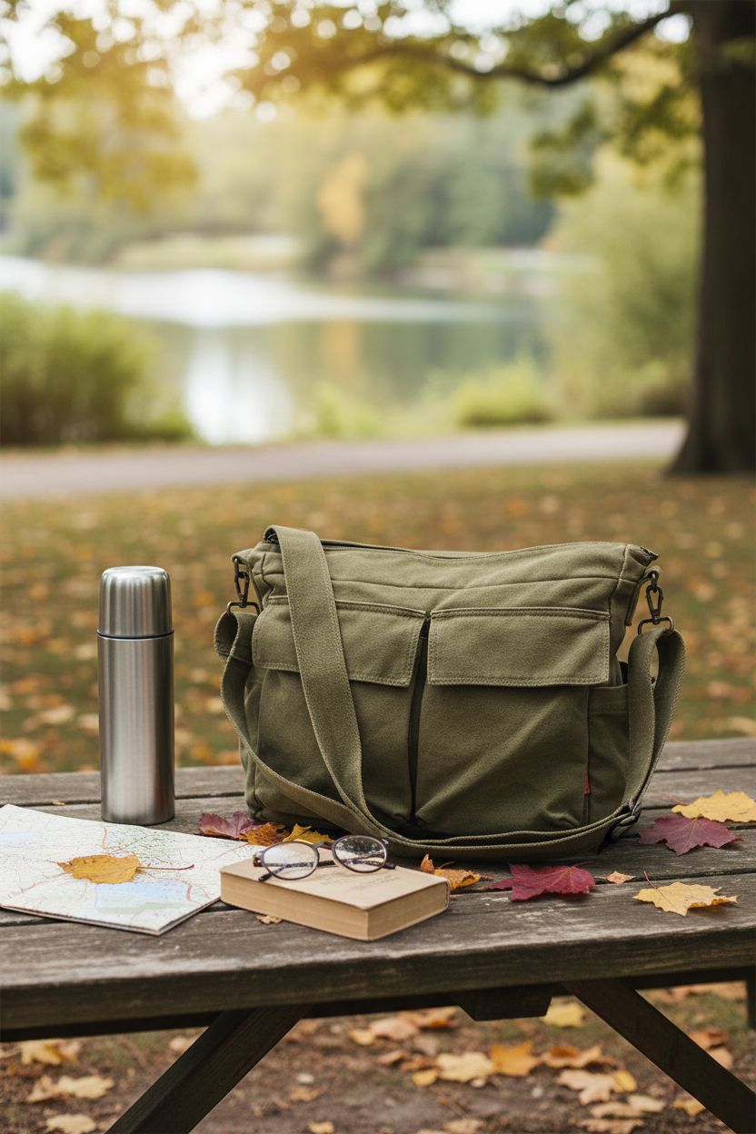 KlaOYer olive canvas satchel resting on a rustic picnic table with nature elements.