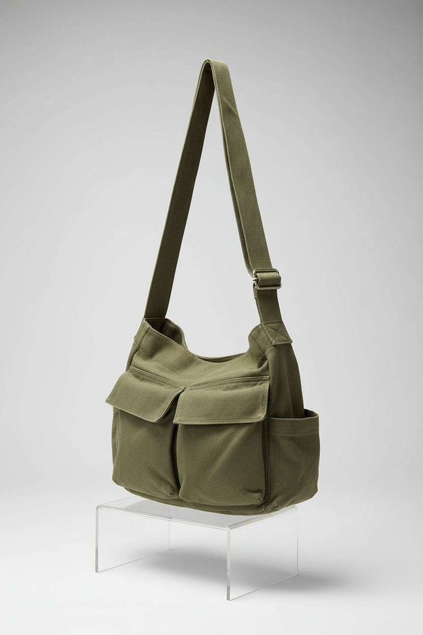 KlaOYer olive canvas satchel displayed elegantly, highlighting its design and craftsmanship.