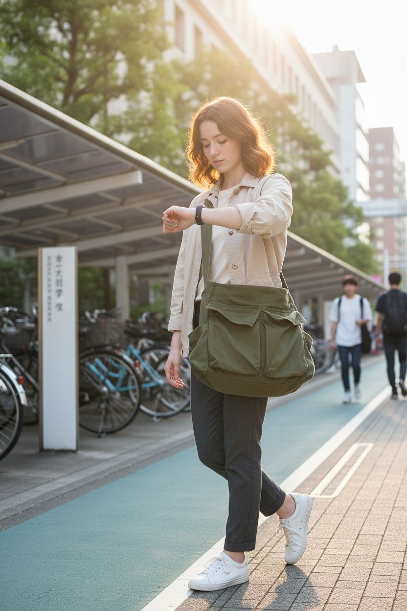 Olive-green KlaOYer canvas satchel worn crossbody with a stylish utility jacket.