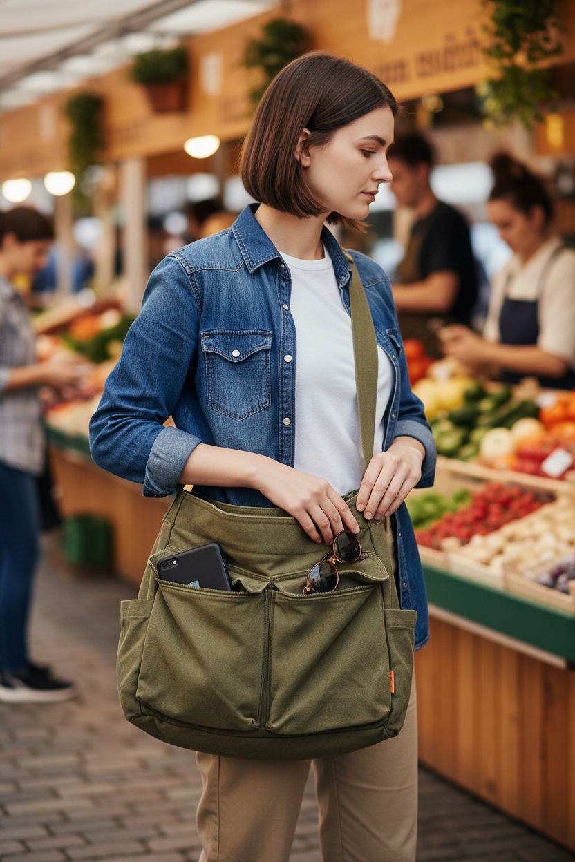 KlaOYer olive canvas messenger bag on hip, showcasing practical flap pockets at the market.