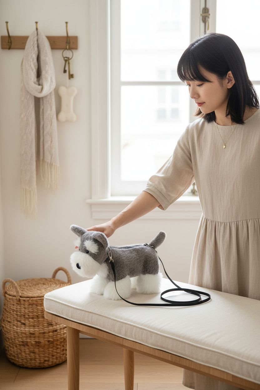 Apricot Lamb Schnauzer purse resting on a light-oak bench, showcasing its plush texture and cute design.