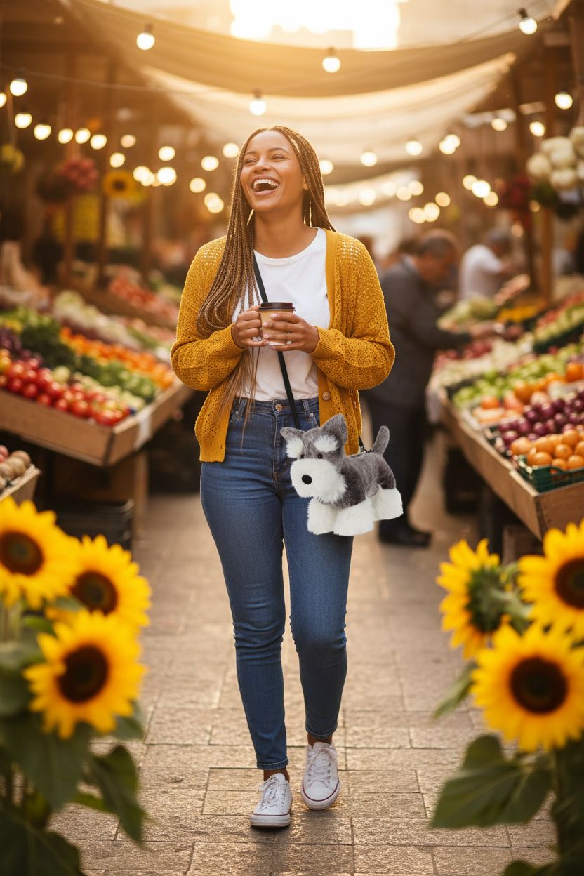 Apricot Lamb Schnauzer purse in gray and white, styled with high-waisted jeans and a mustard cardigan.